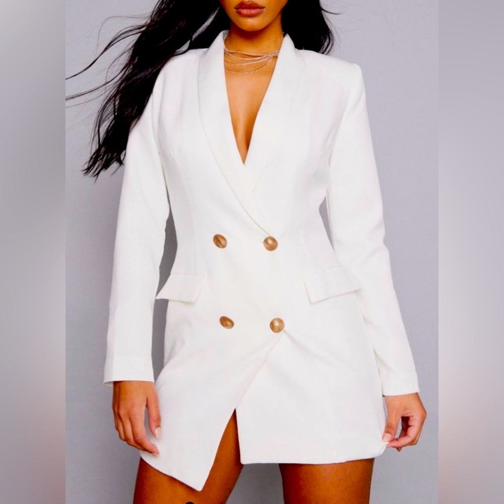 Pretty Little Thing White Gold Button Blazer Dress